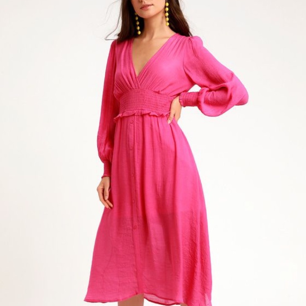 Lulu’s Go For IT Bright Pink Long Sleeve Midi Dress Size Medium